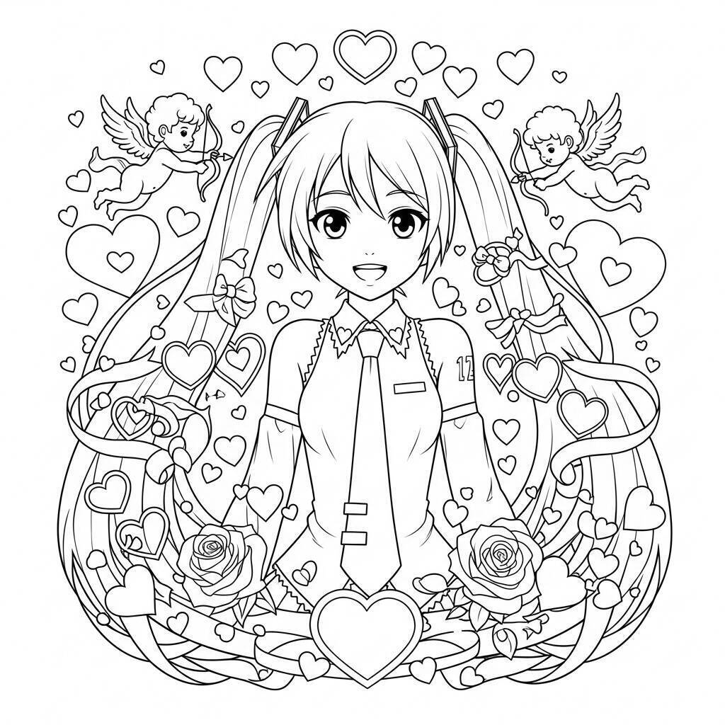 Pagina da colorare di Hatsune Miku con i cuori