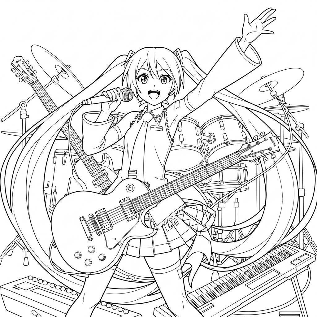 Pagina da colorare di Hatsune Miku con strumenti musicali