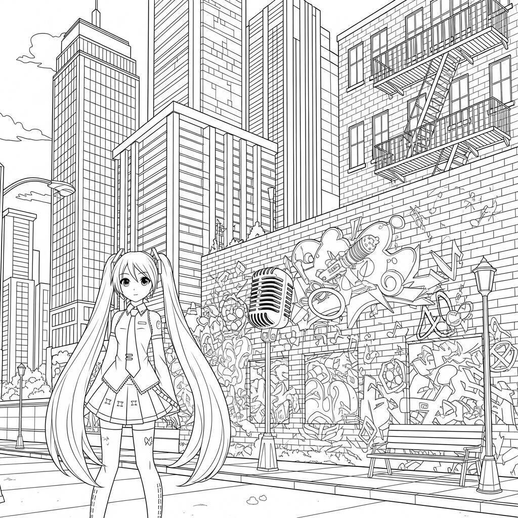 Pagina da colorare di Hatsune Miku in un ambiente urbano