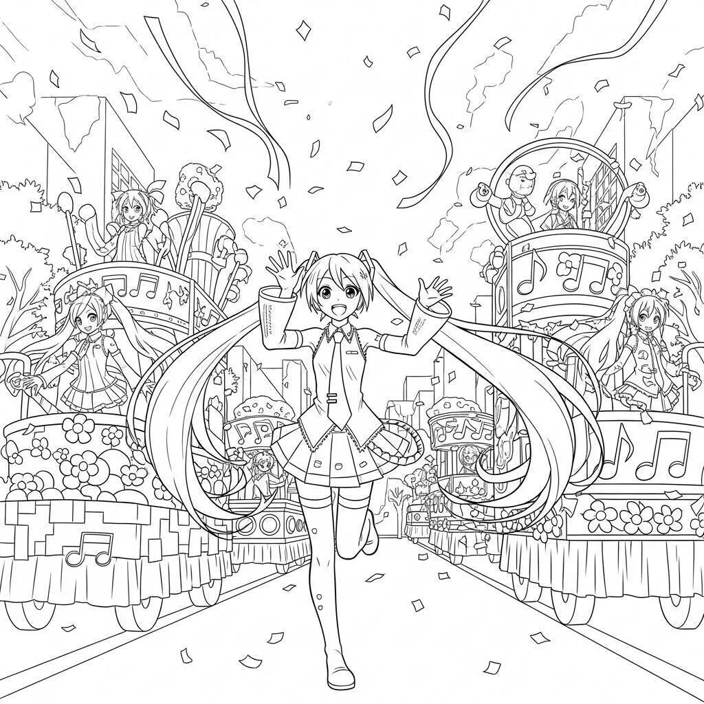 Desenho de Hatsune Miku em um desfile para colorir