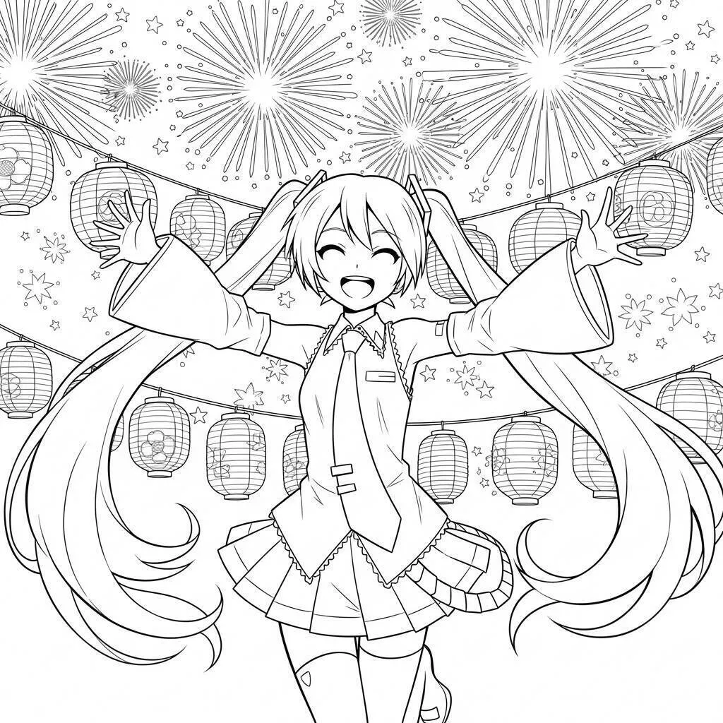 Desenho de Hatsune Miku em um festival para colorir