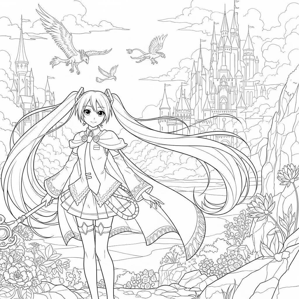 Hatsune Miku in un mondo fantastico da colorare