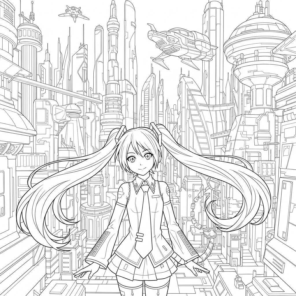 Hatsune Miku in un mondo futuristico da colorare