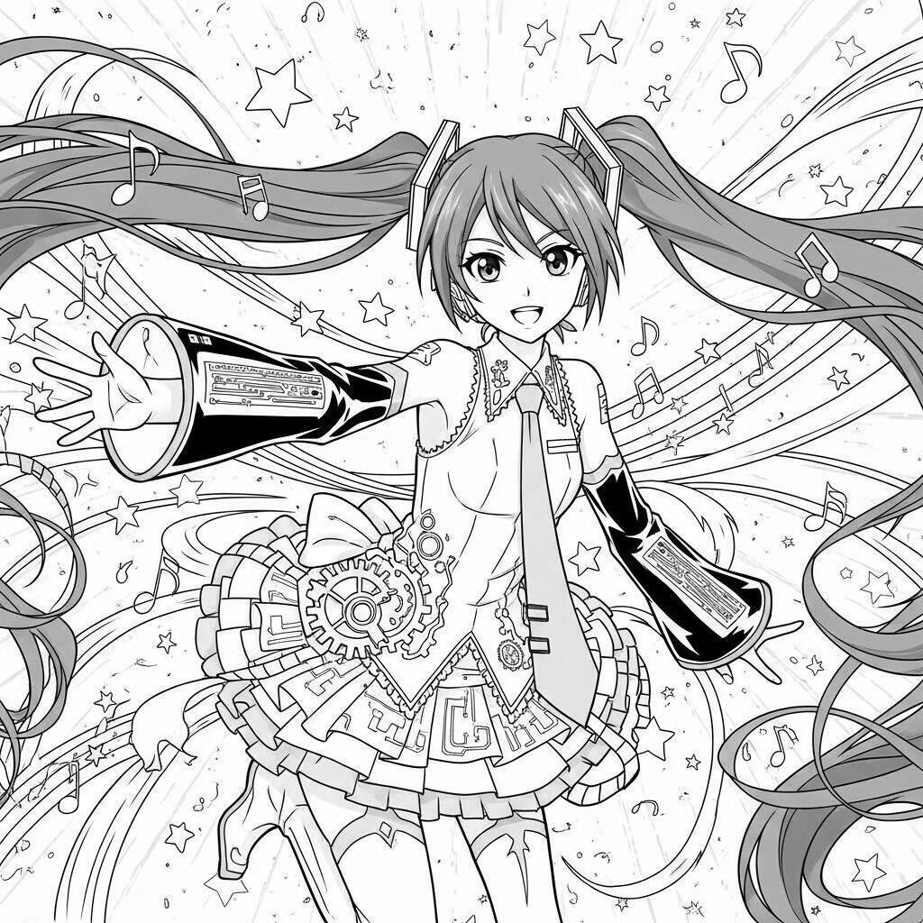 Pagina da colorare in stile anime di Hatsune Miku