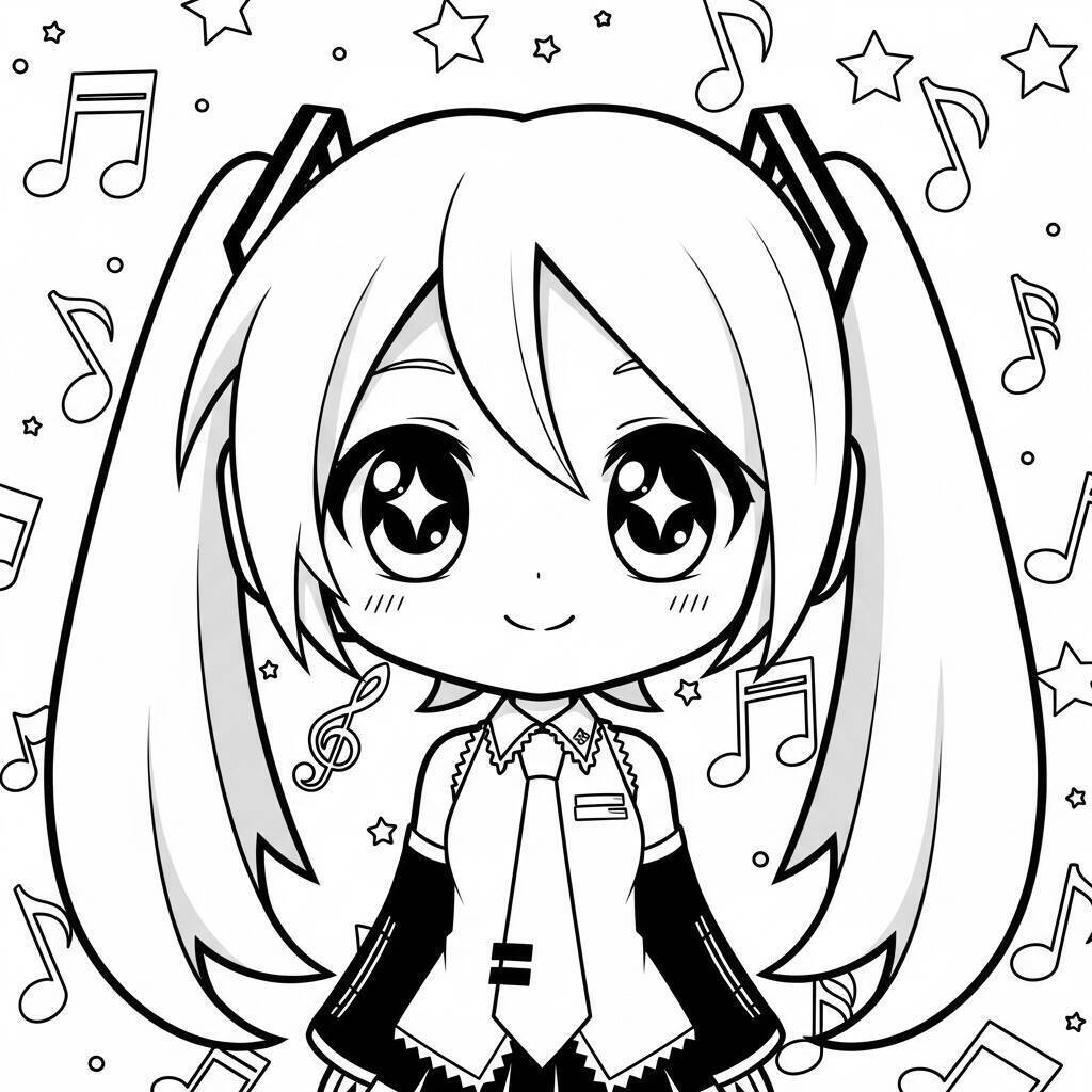 Pagina da colorare kawaii di Hatsune Miku