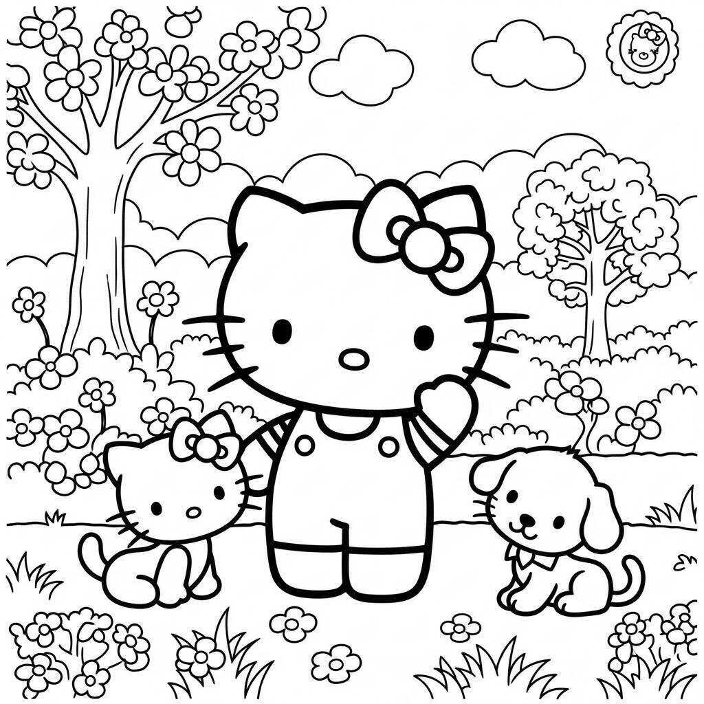 Malvorlage „Hallo Kitty mit Tieren“.