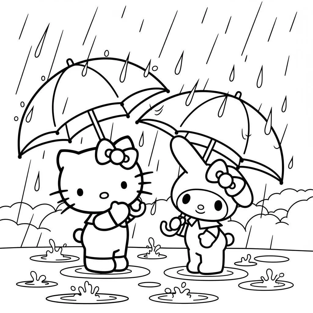 Desenho de Hello Kitty e My Melody em um Dia de Chuva para Colorir