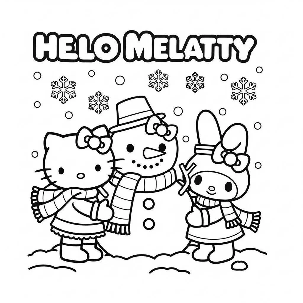 Desenho de Hello Kitty e My Melody em um Dia de Inverno para Colorir