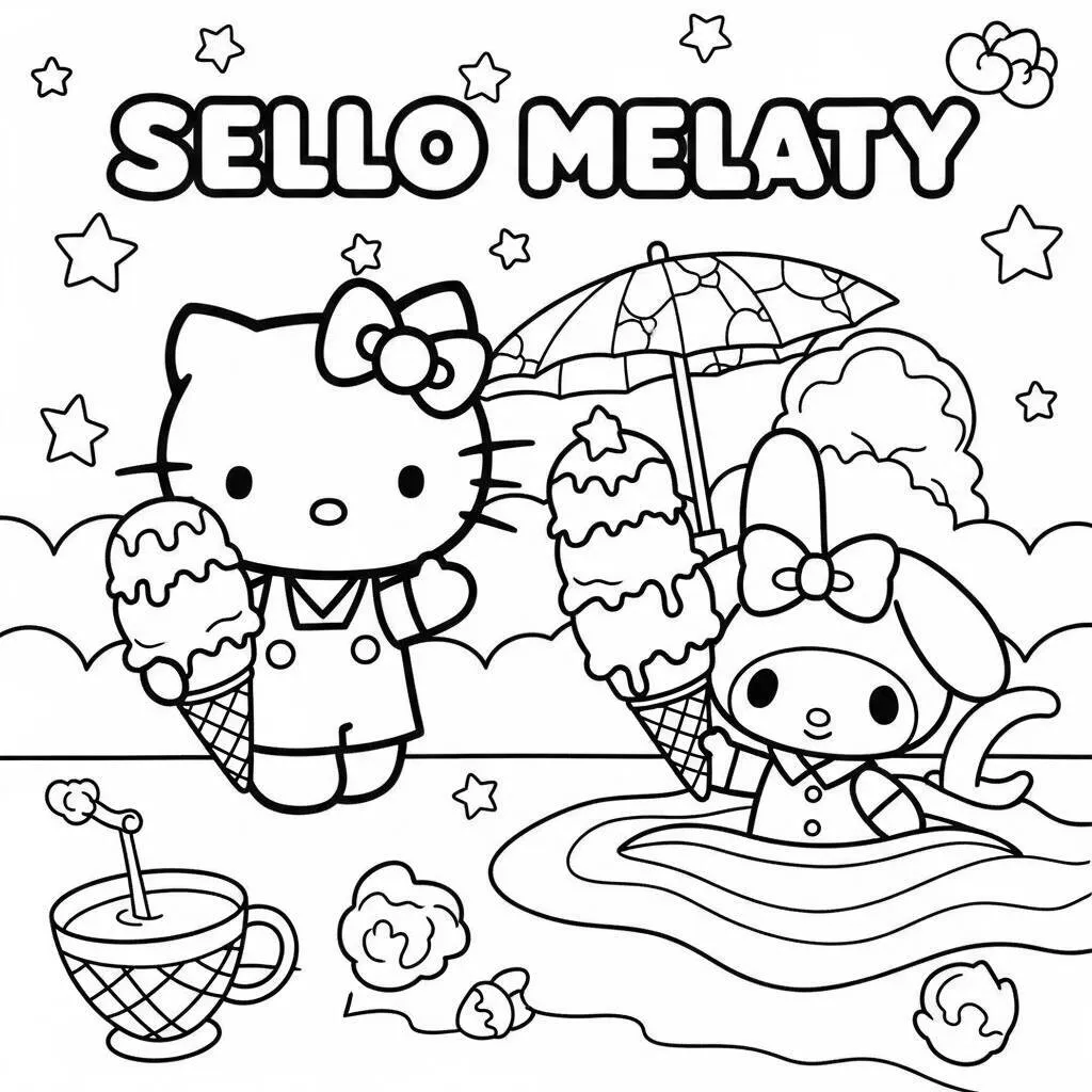 Desenho de Hello Kitty e My Melody em um Dia de Verão para Colorir
