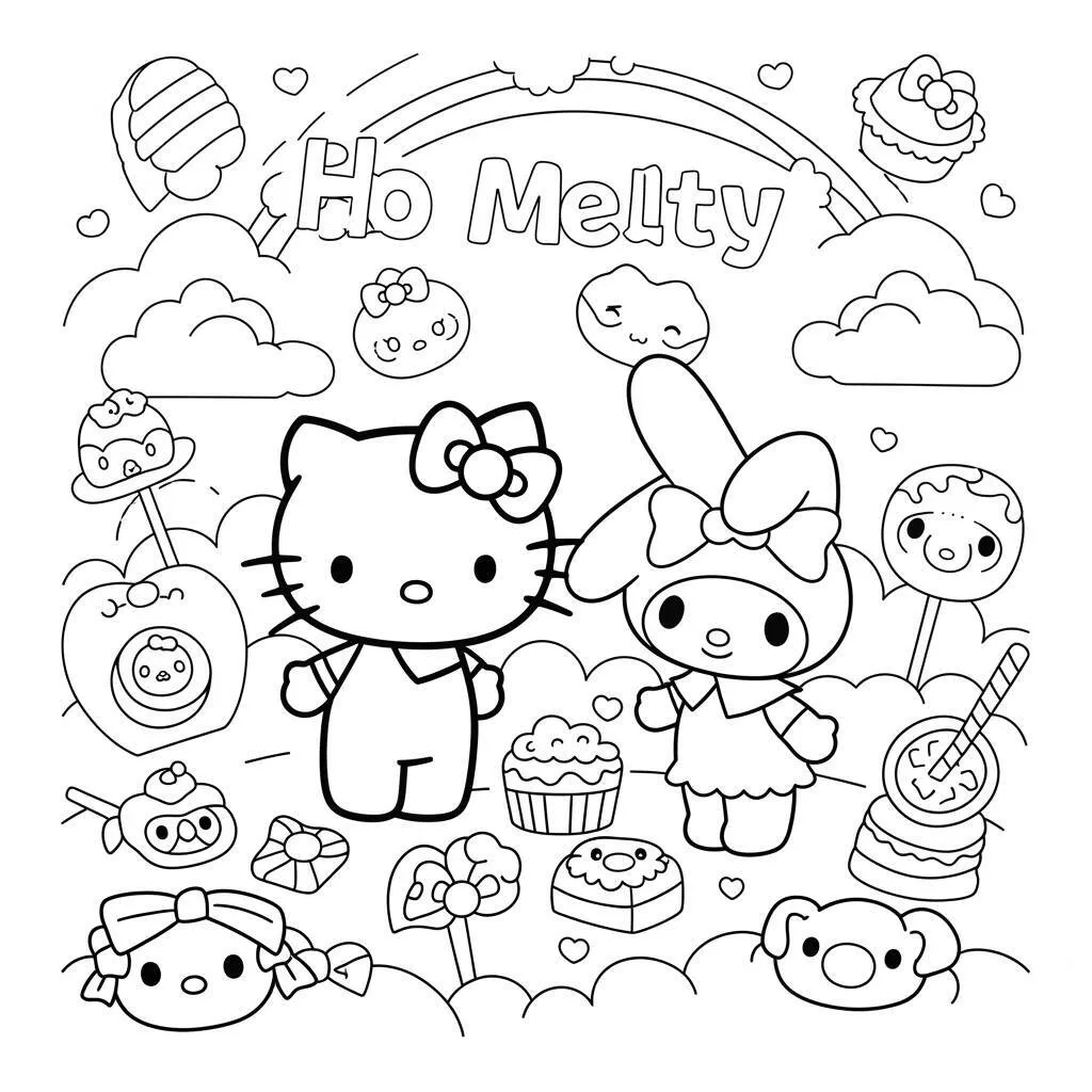 Desenho de Hello Kitty e My Melody em um Mundo Kawaii para Colorir
