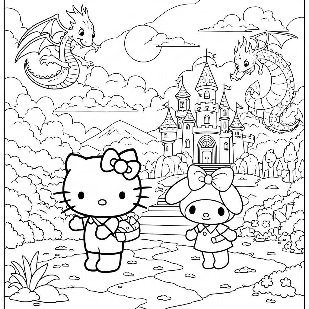 Desenho de Hello Kitty e My Melody em um Mundo de Fantasia para Colorir