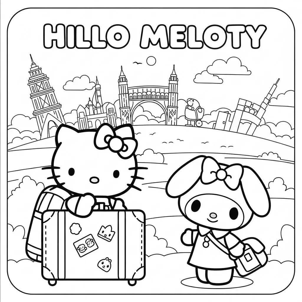 Desenho de Hello Kitty e My Melody em uma Aventura de Viagem para Colorir