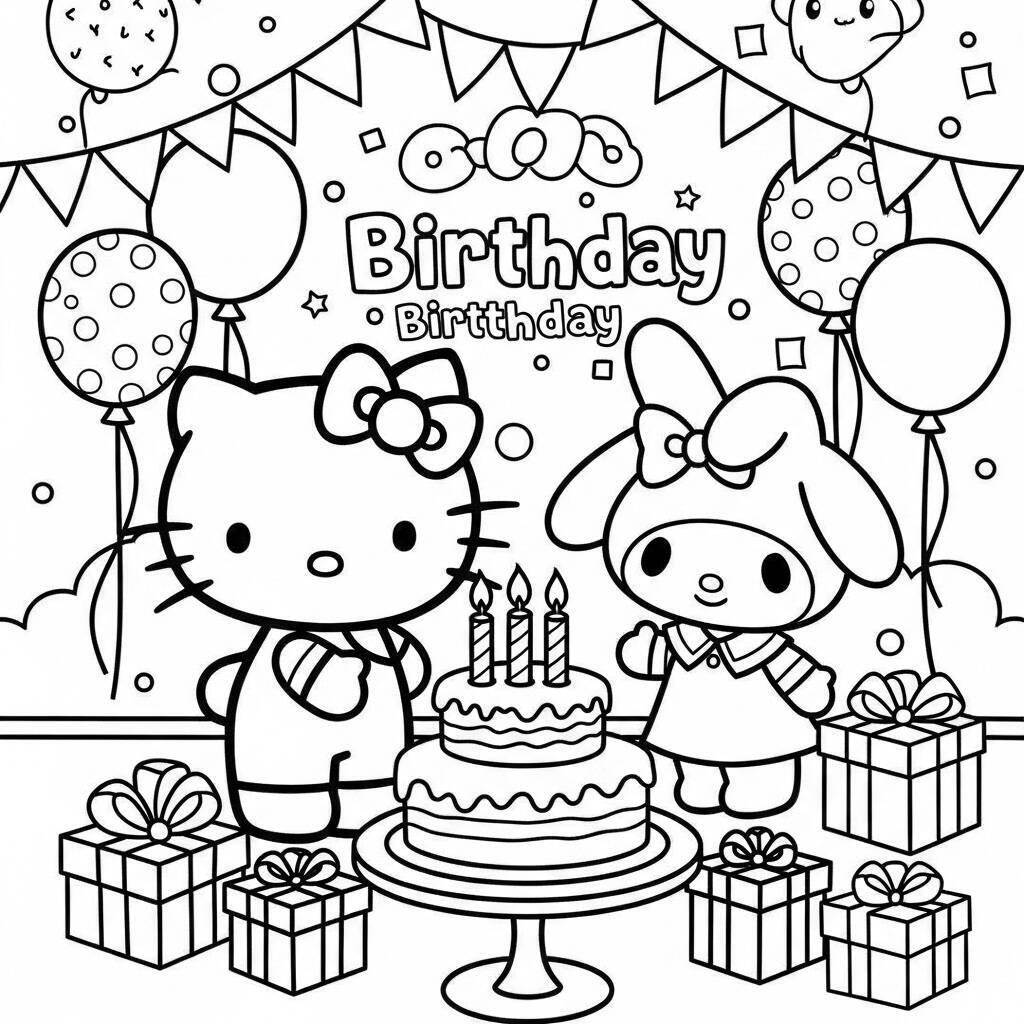 Desenho de Hello Kitty e My Melody em uma Festa de Aniversário para Colorir