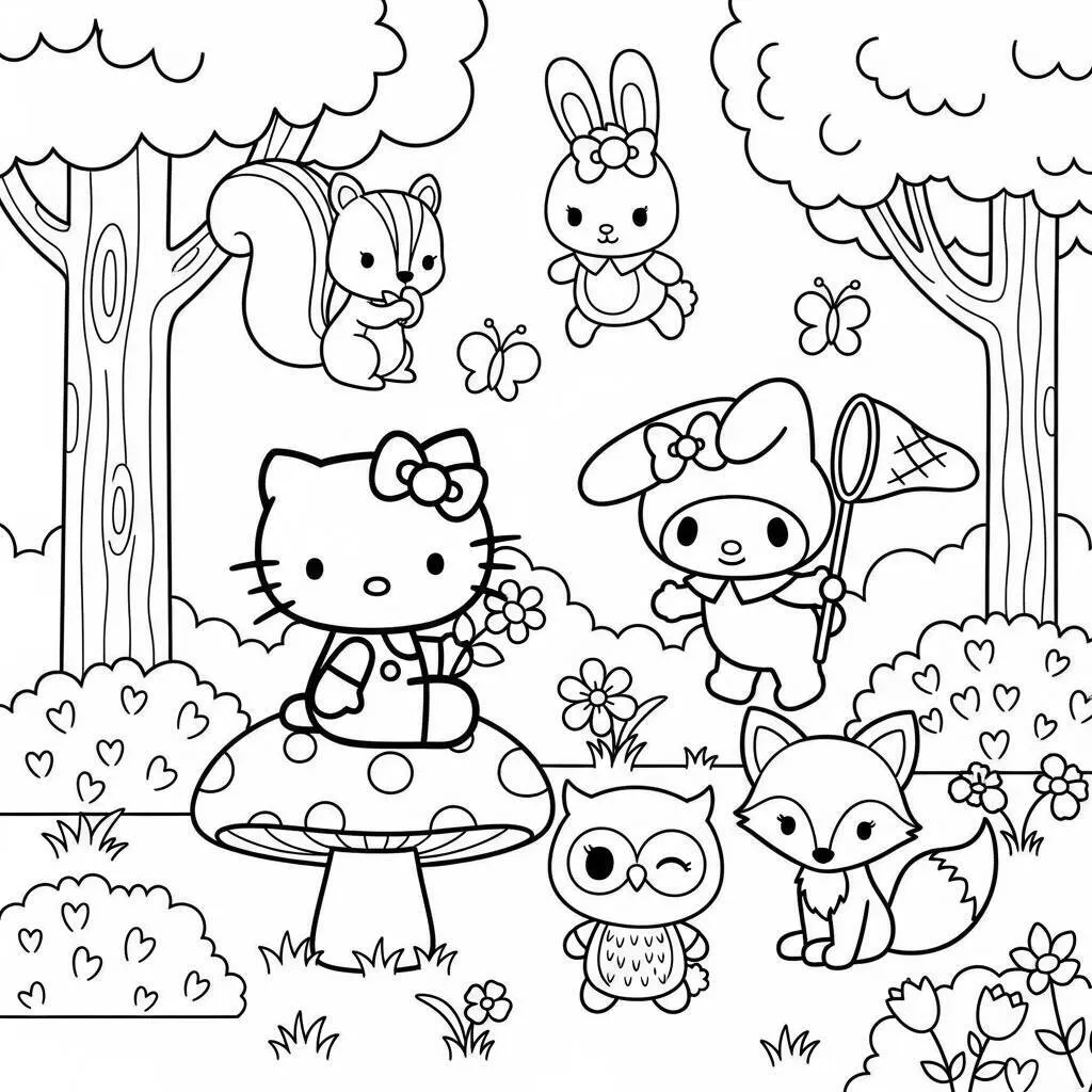 Desenho de Hello Kitty e My Melody na Floresta para Colorir