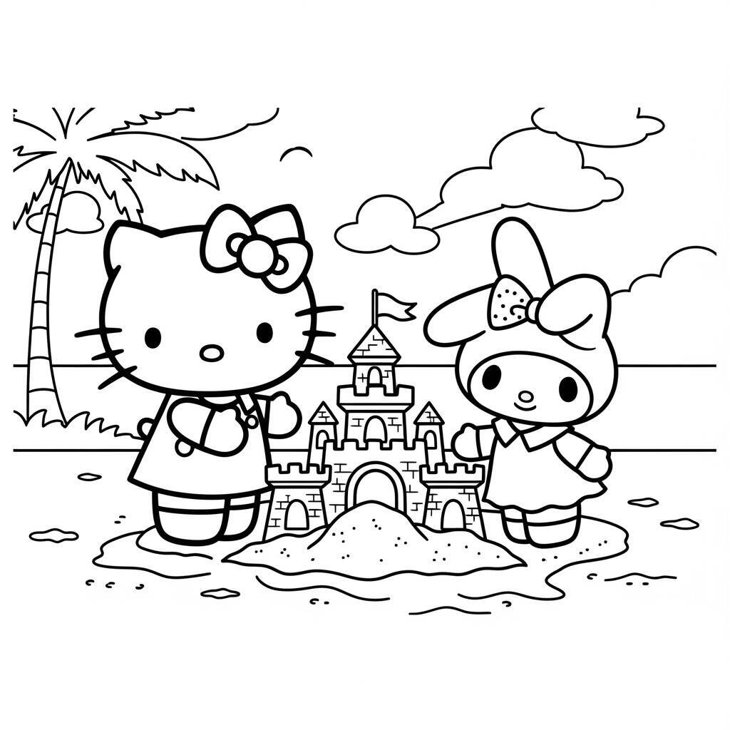 Desenho de Hello Kitty e My Melody na Praia para Colorir