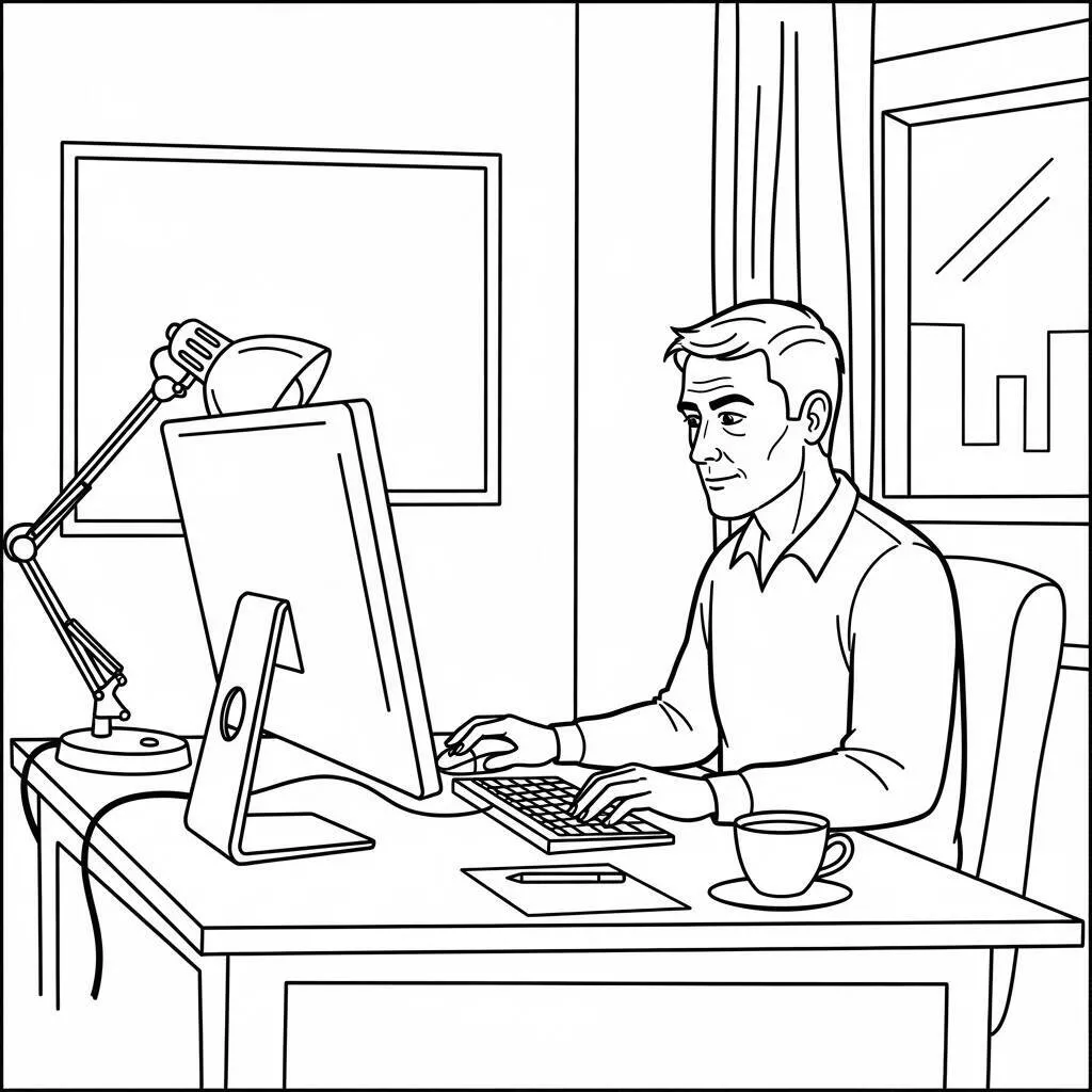 Desenho de Homem Adulto Trabalhando no Computador para Colorir