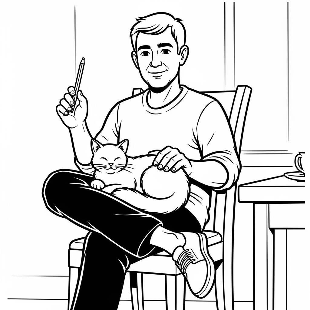 Desenho de Homem Adulto com Gato para Colorir