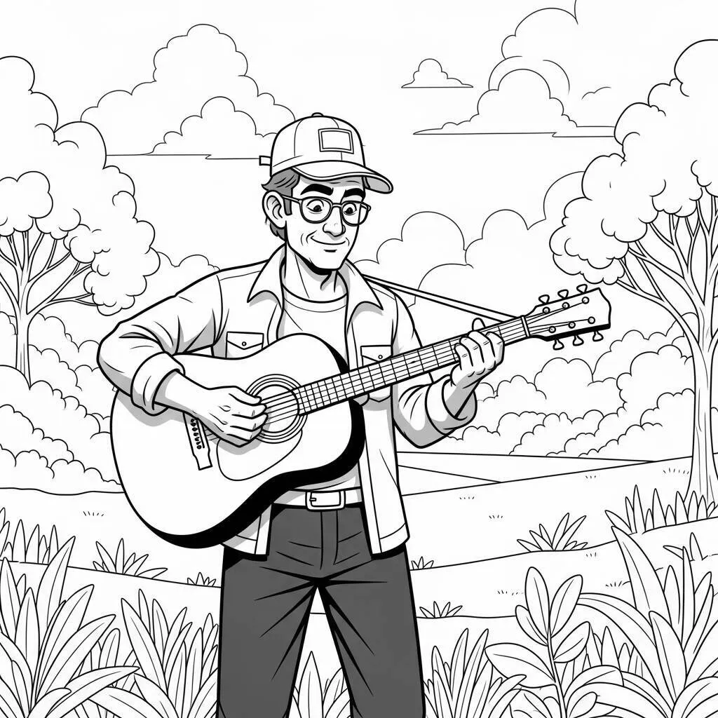 Desenho de Homem Adulto com Violão para Colorir