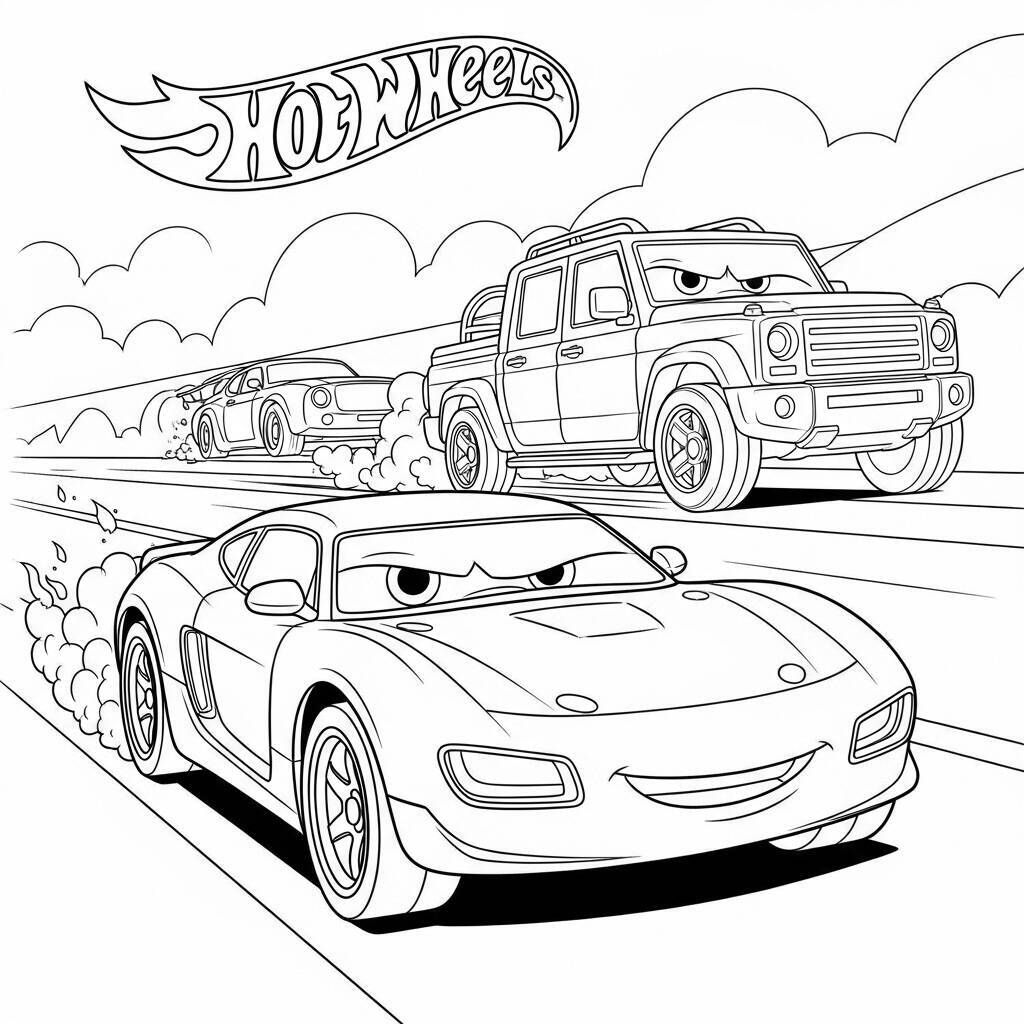 Desenho de Hot Wheels com Personagens para Colorir