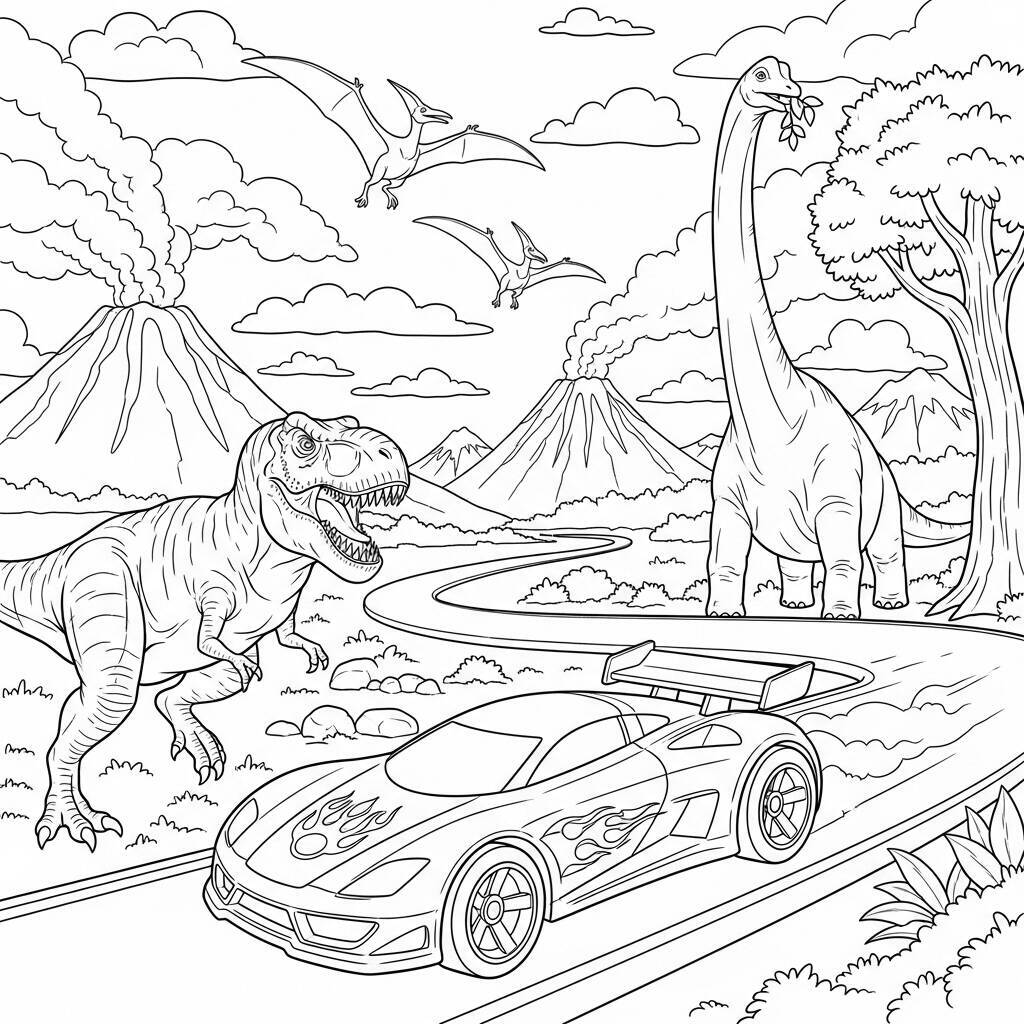 Desenho de Hot Wheels e Dinossauros para Colorir