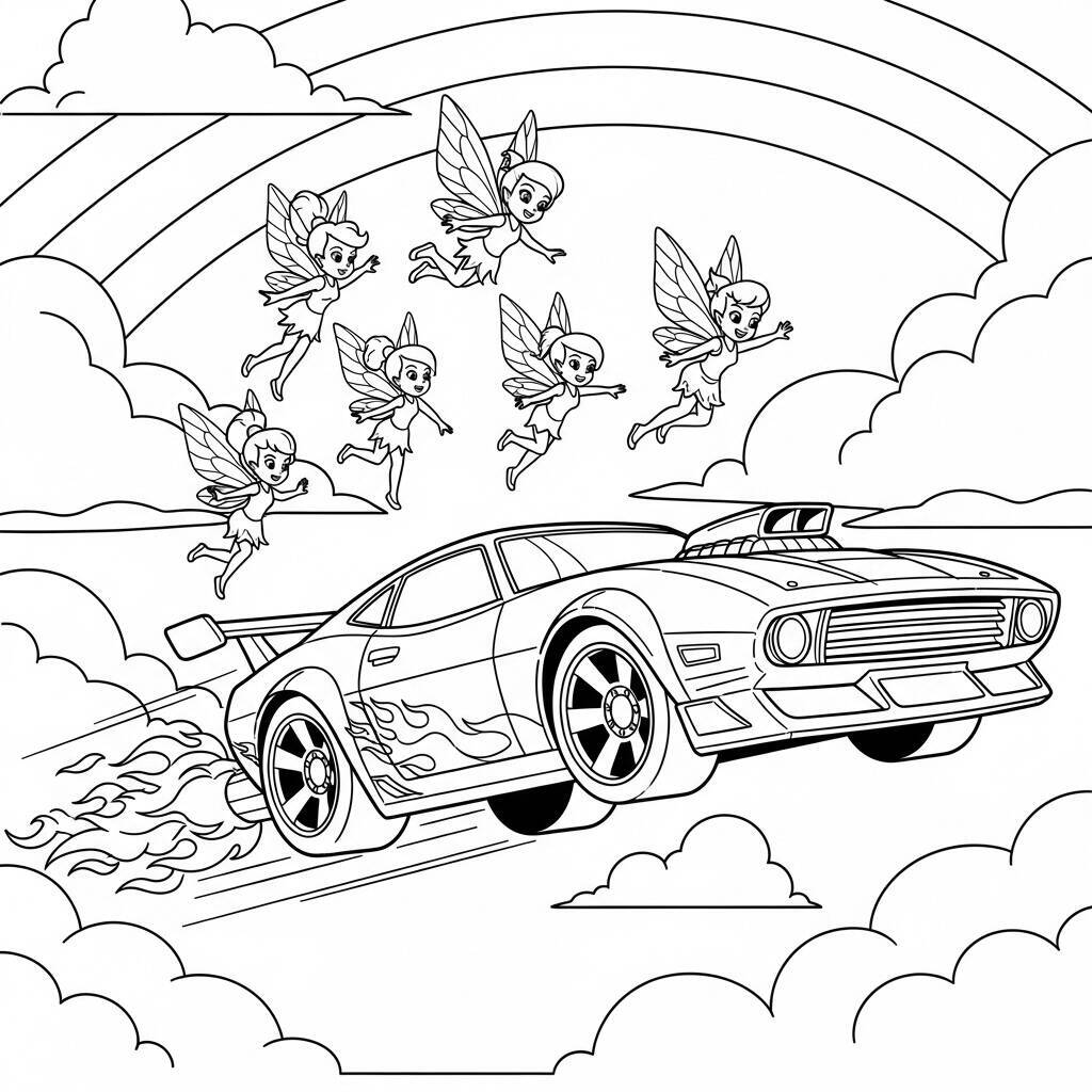Desenho de Hot Wheels e Fadas para Colorir