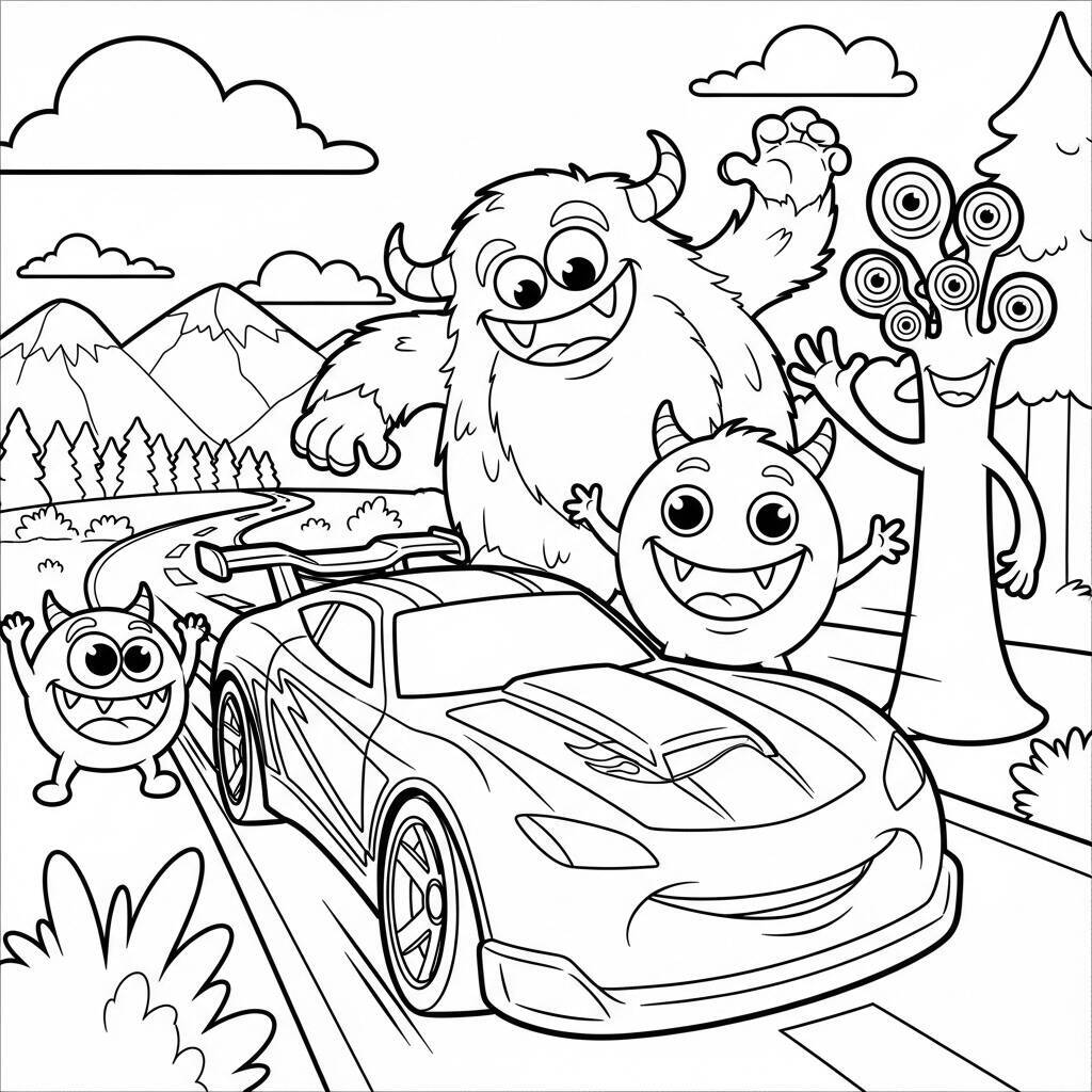 Desenho de Hot Wheels e Monstros para Colorir