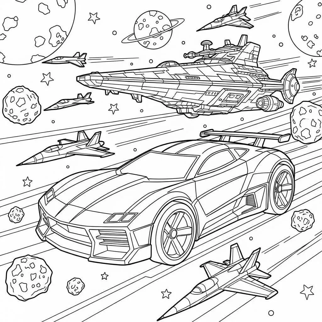 Desenho de Hot Wheels e Naves Espaciais para Colorir