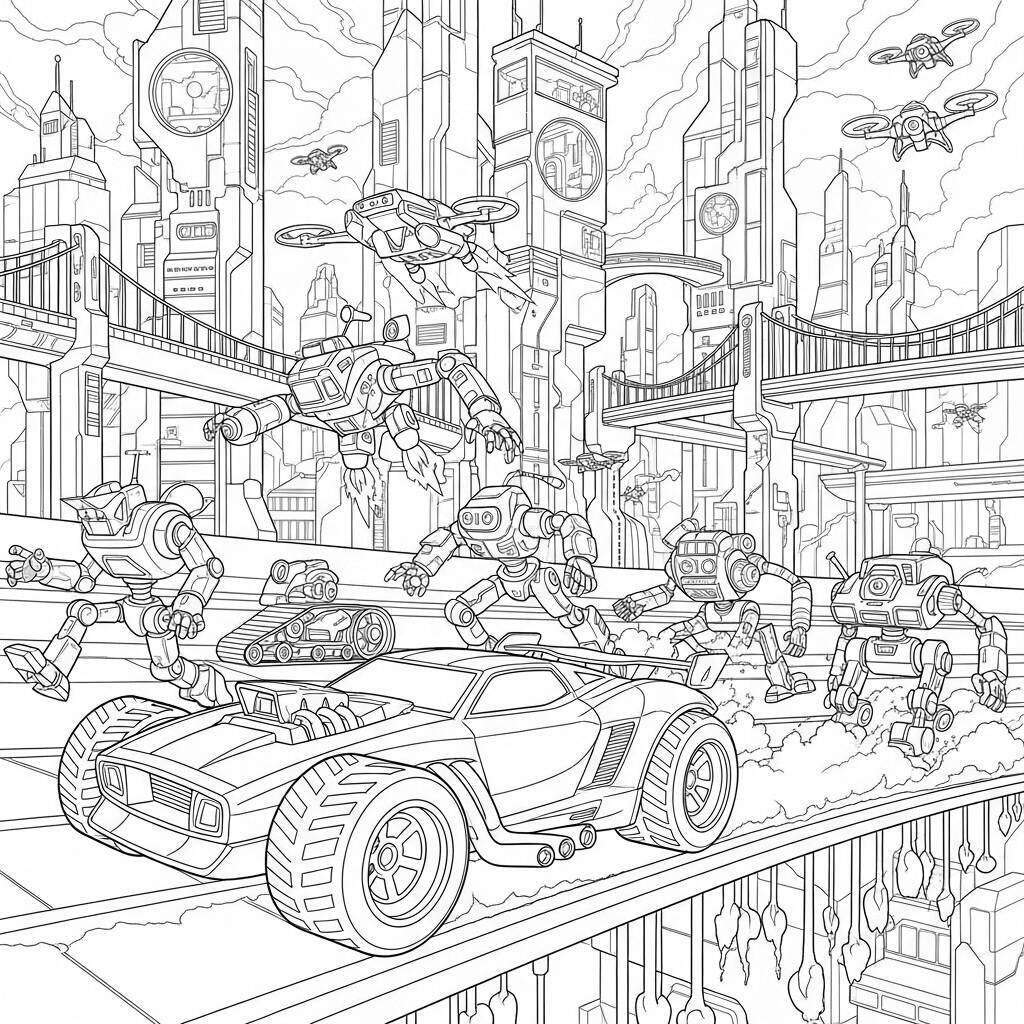 Desenho de Hot Wheels e Robôs para Colorir