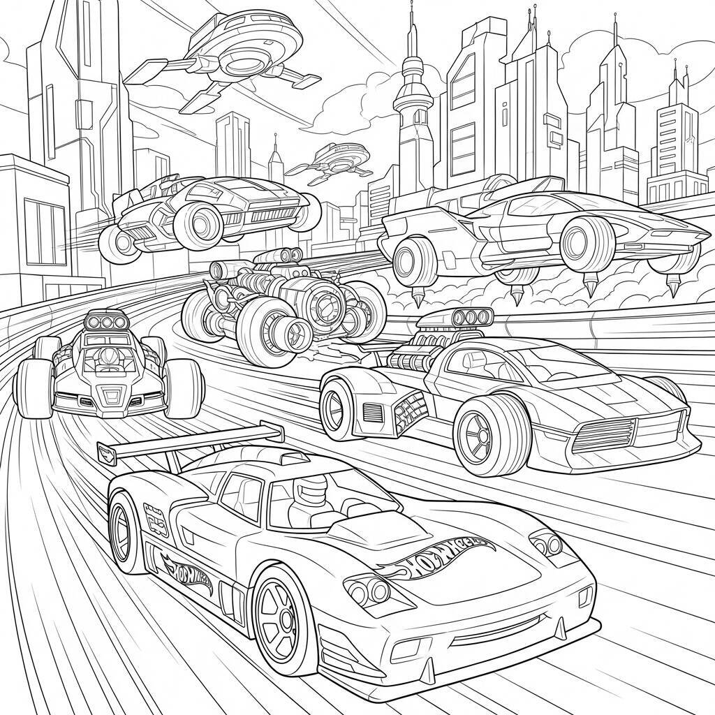 Desenho de Hot Wheels e Veículos Futuristas para Colorir