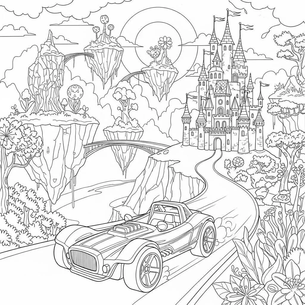 Desenho de Hot Wheels em um Mundo de Fantasia para Colorir