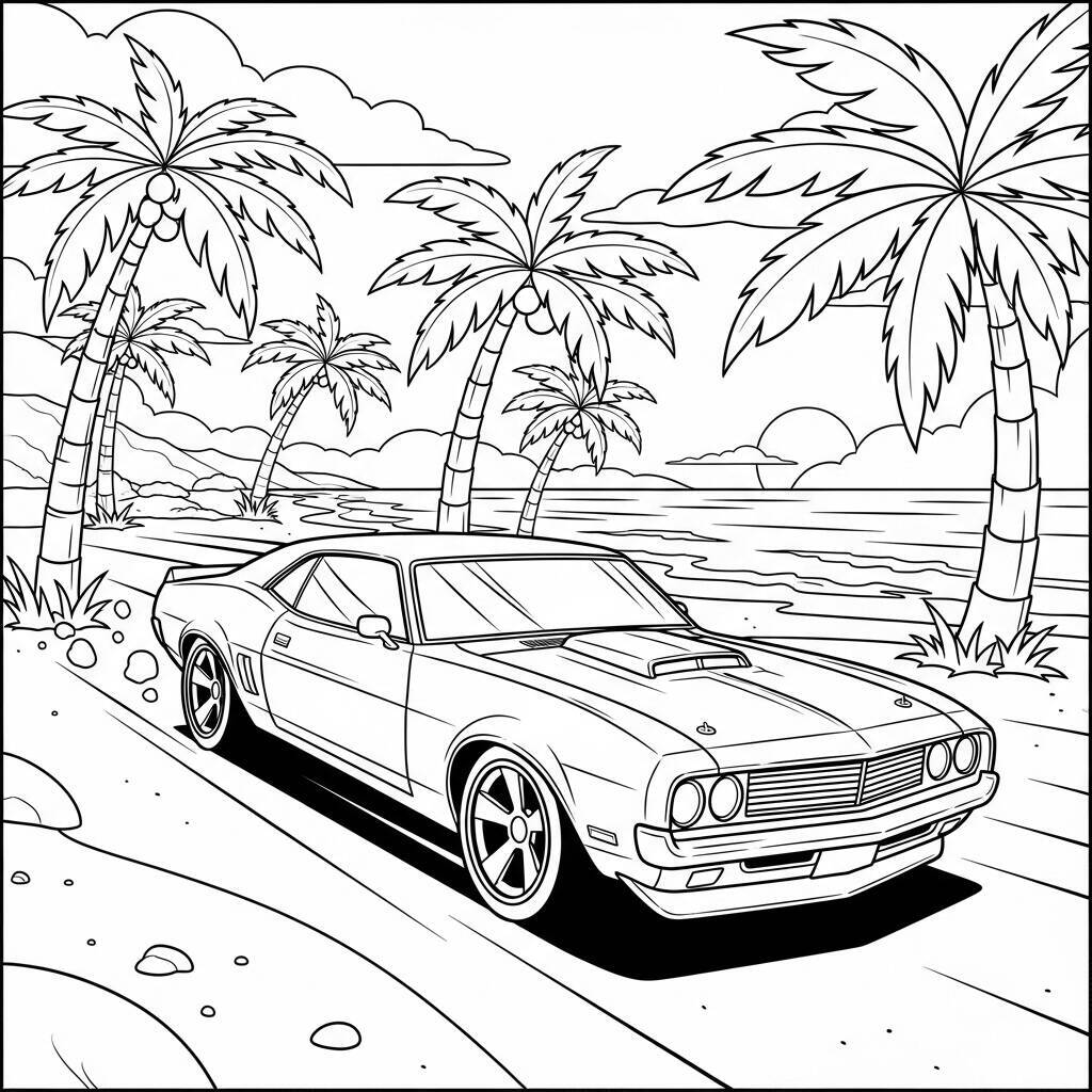 Desenho de Hot Wheels na Praia para Colorir