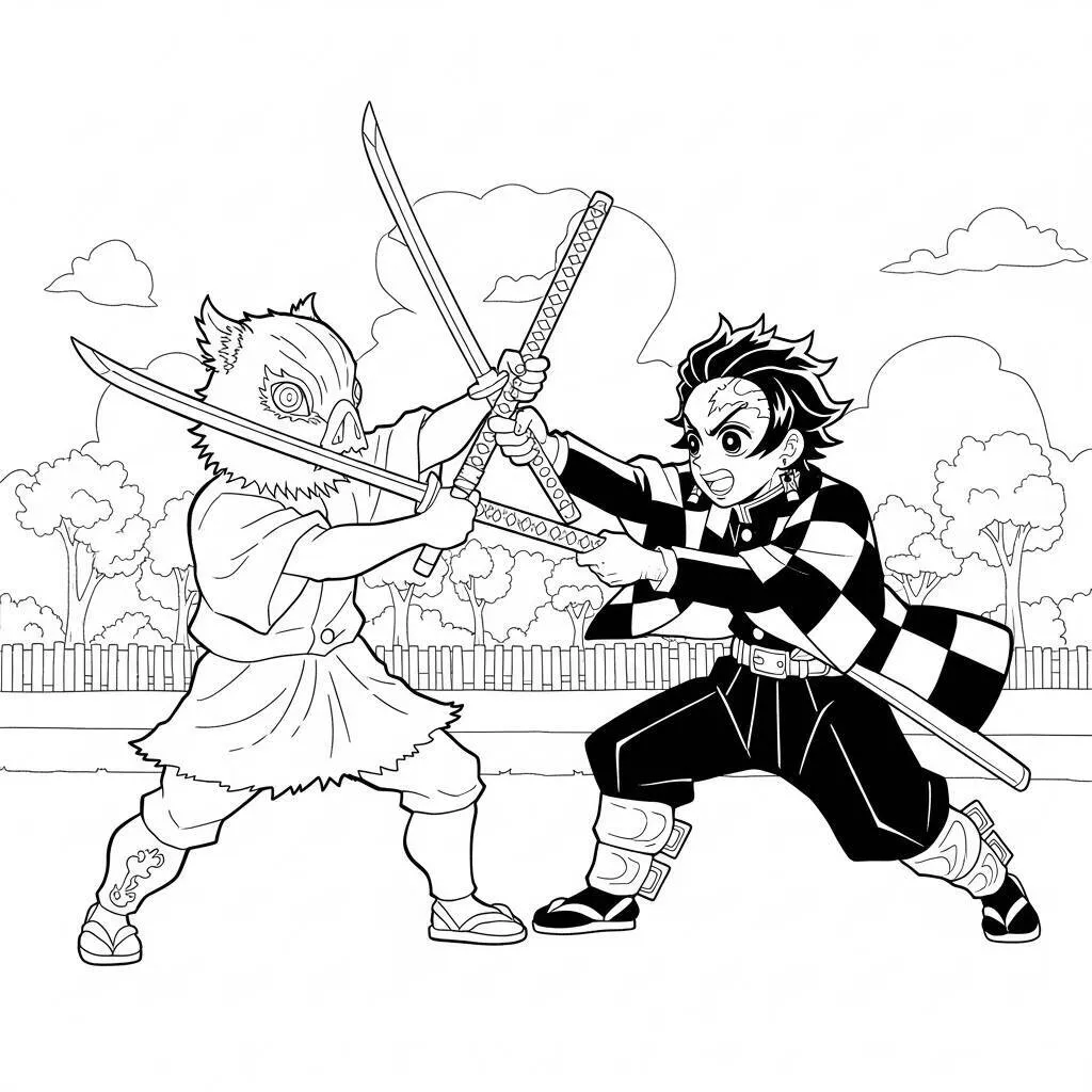 Desenho de Inosuke e Tanjiro para Colorir