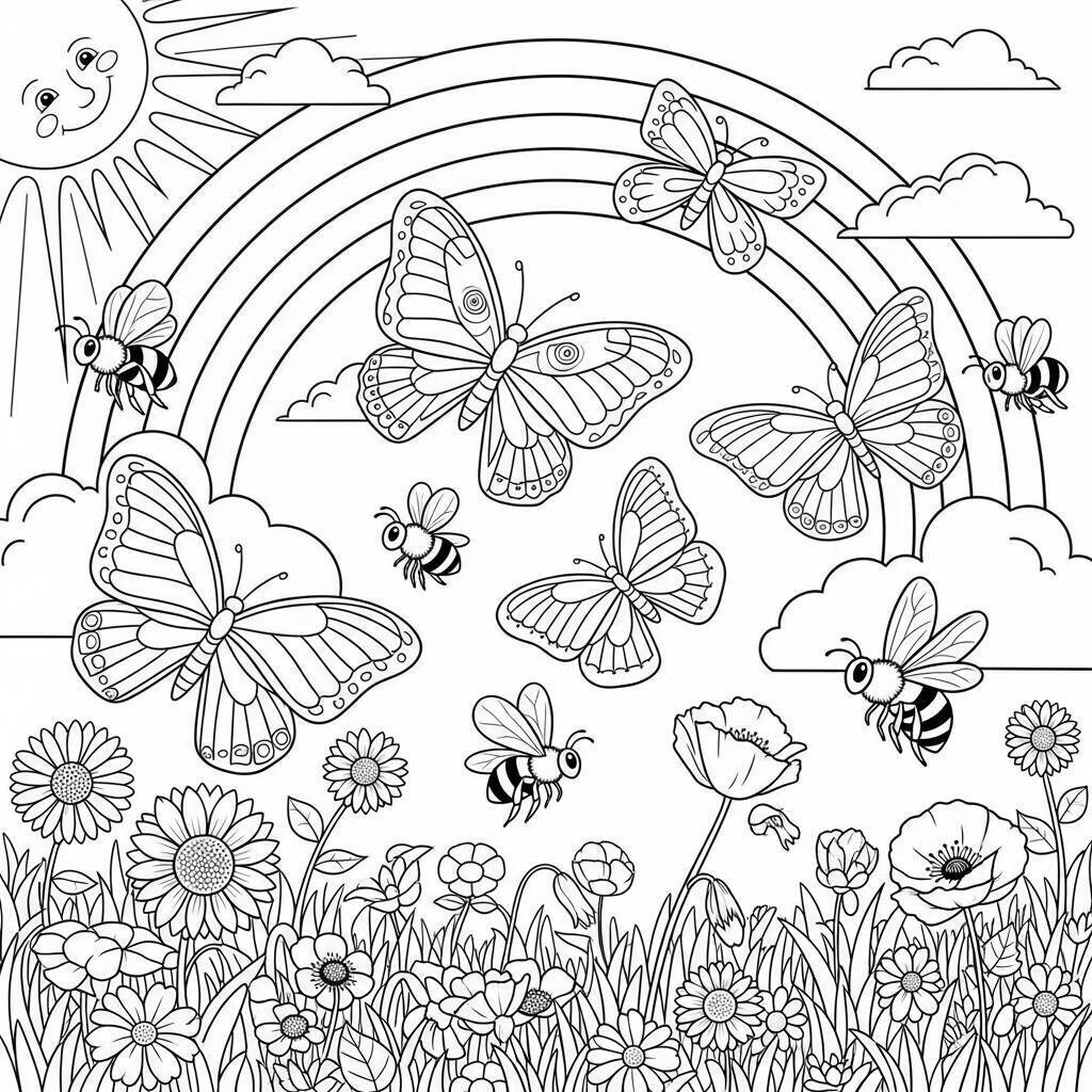 Desenho de Insetos e Arco-Íris para Colorir