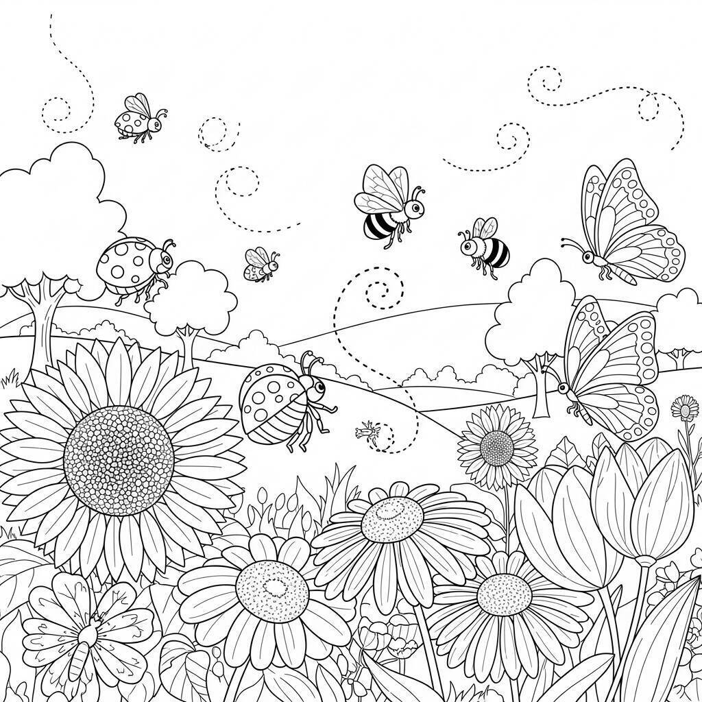 Desenho de Insetos e Flores para Colorir