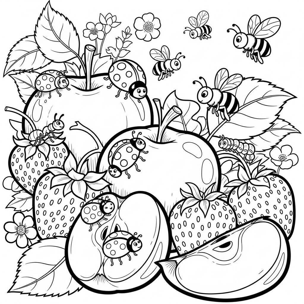 Desenho de Insetos e Frutas para Colorir