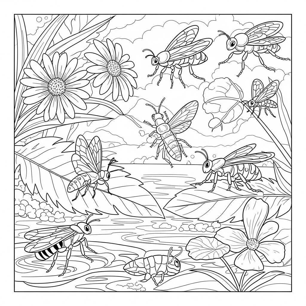 Desenho de Insetos e Natureza para Colorir