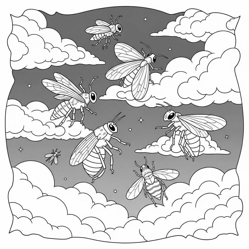 Desenho de Insetos e Nuvens para Colorir