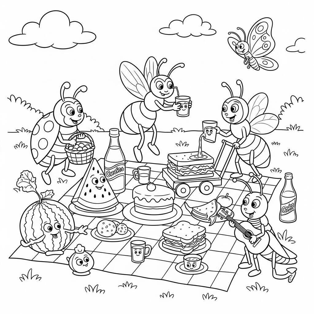 Desenho de Insetos em um Picnic para Colorir