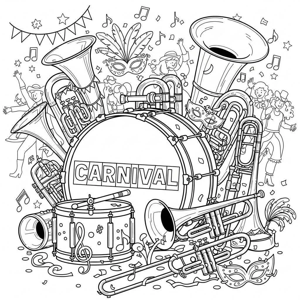 Desenho de Instrumentos de Música de Carnaval para Colorir