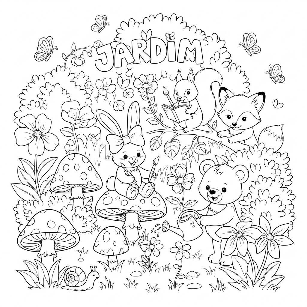 Dessin de jardin avec des animaux à colorier