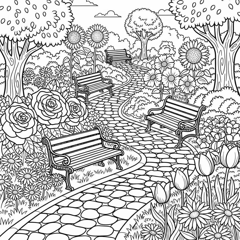 Dessin de jardin avec des chemins à colorier