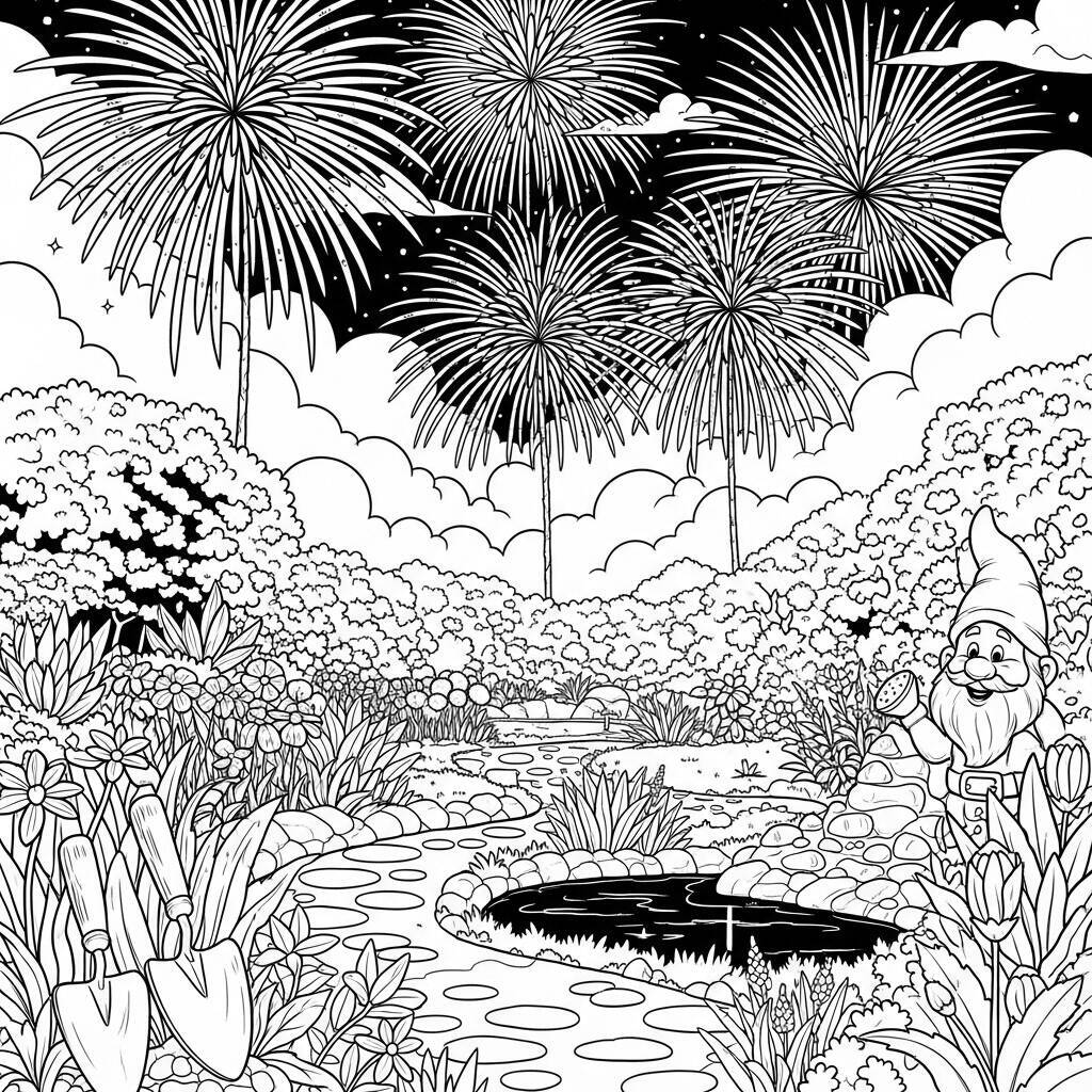 Coloriage Jardin avec feux d'artifice