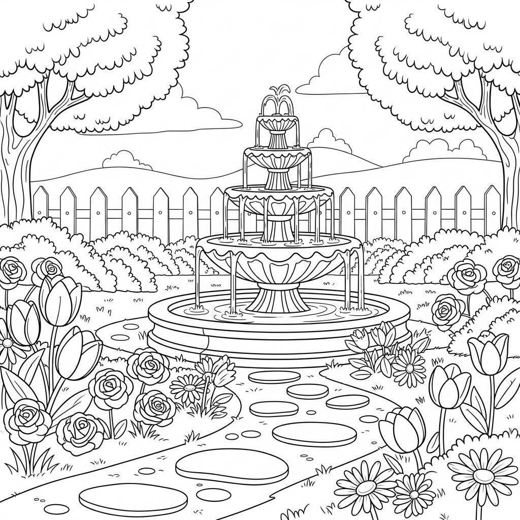 Dessin de jardin avec des fontaines à colorier