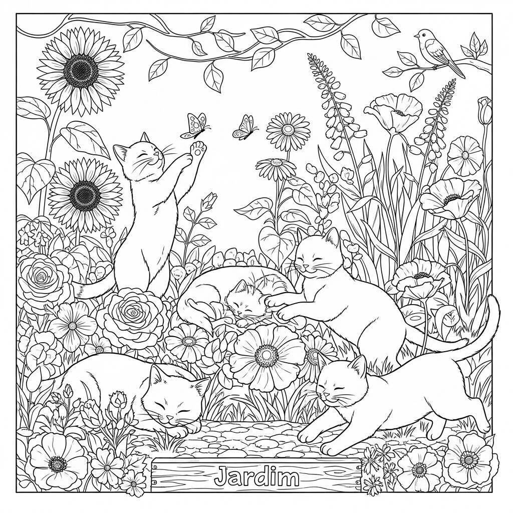 Coloriage Jardin avec des chats