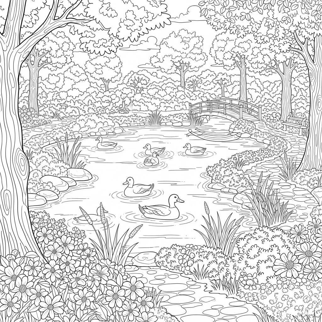 Coloriage Jardin avec Lac
