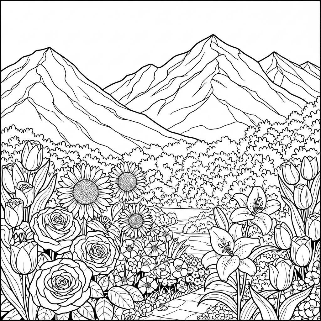 Coloriage Jardin avec des montagnes en arrière-plan