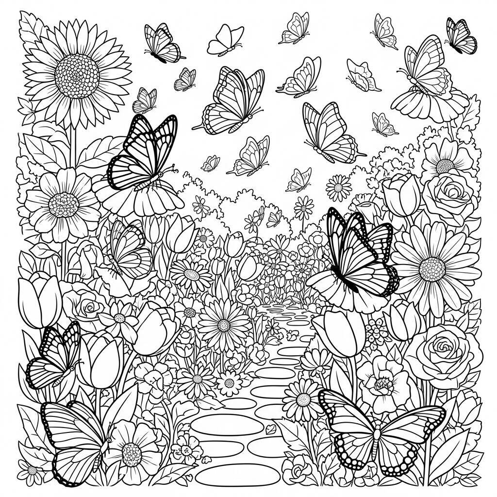 Coloriage du jardin des papillons