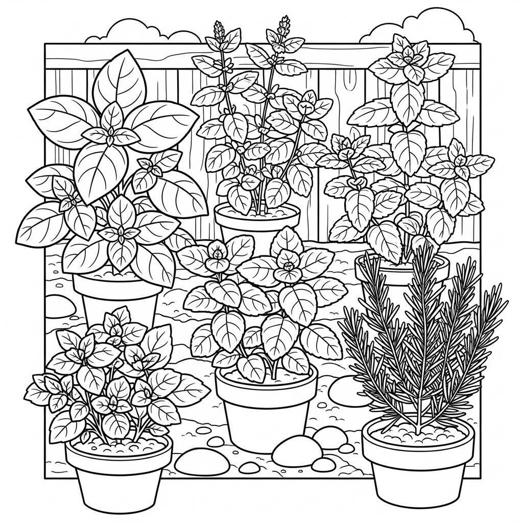 Coloriage du jardin d'herbes aromatiques