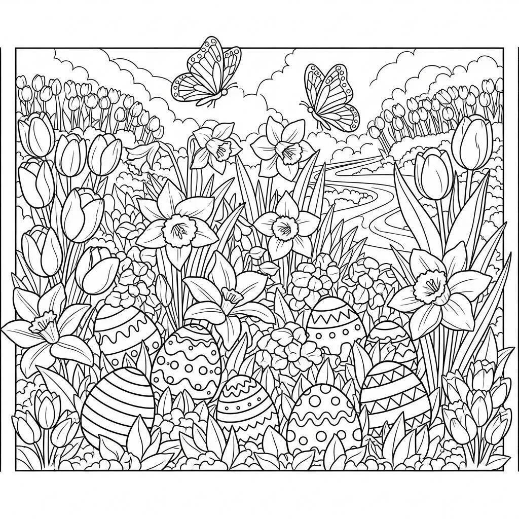 Desenho de Jardim de Páscoa para Colorir