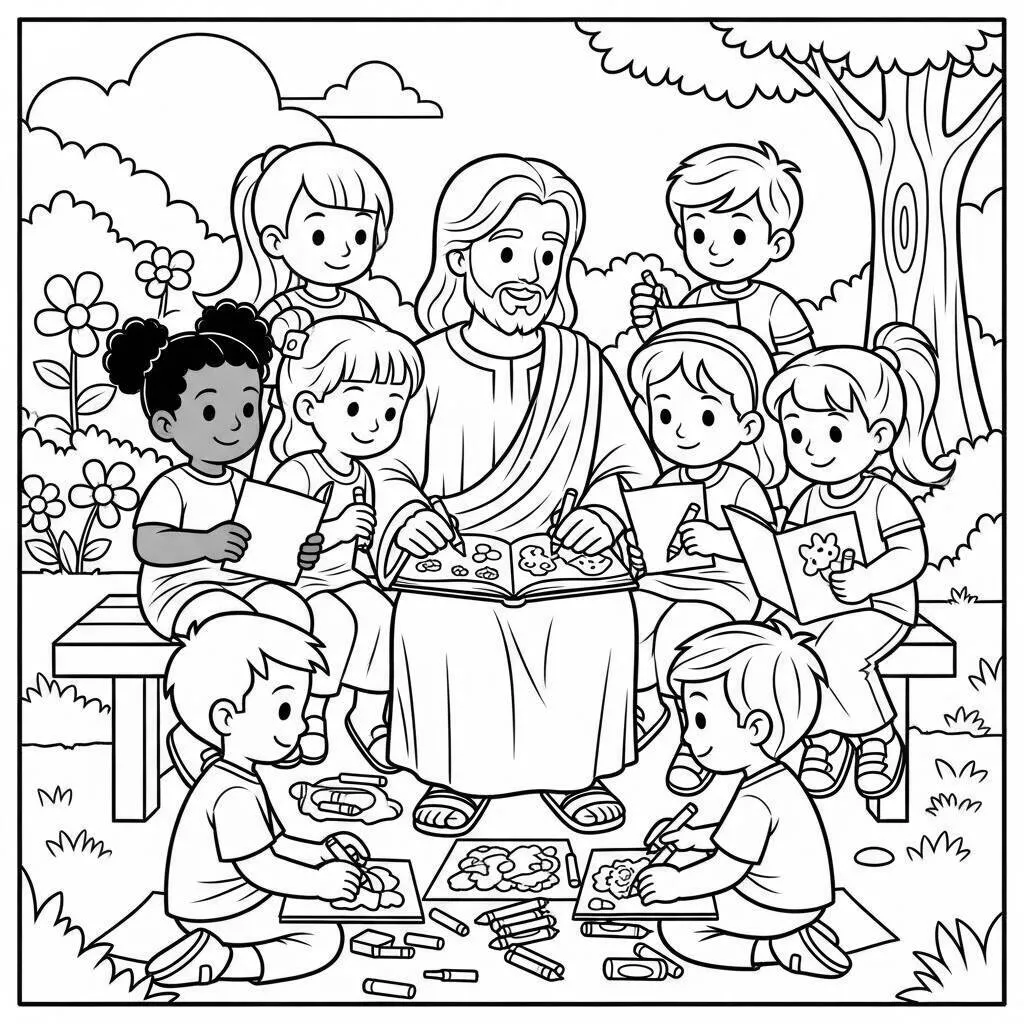Desenho de Jesus com Crianças para Colorir